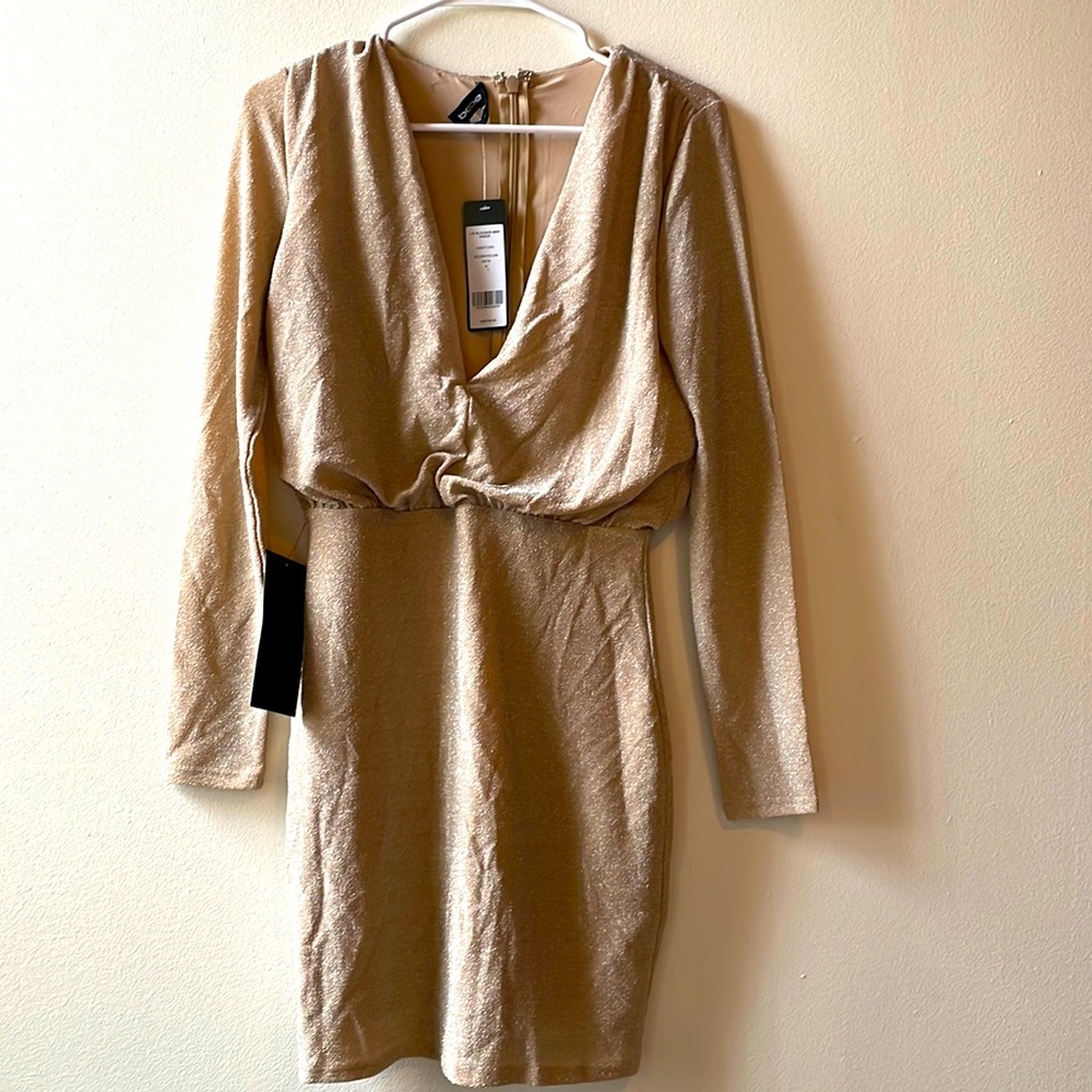 Gold shimmer long sleeve BEBE body on dress sz S